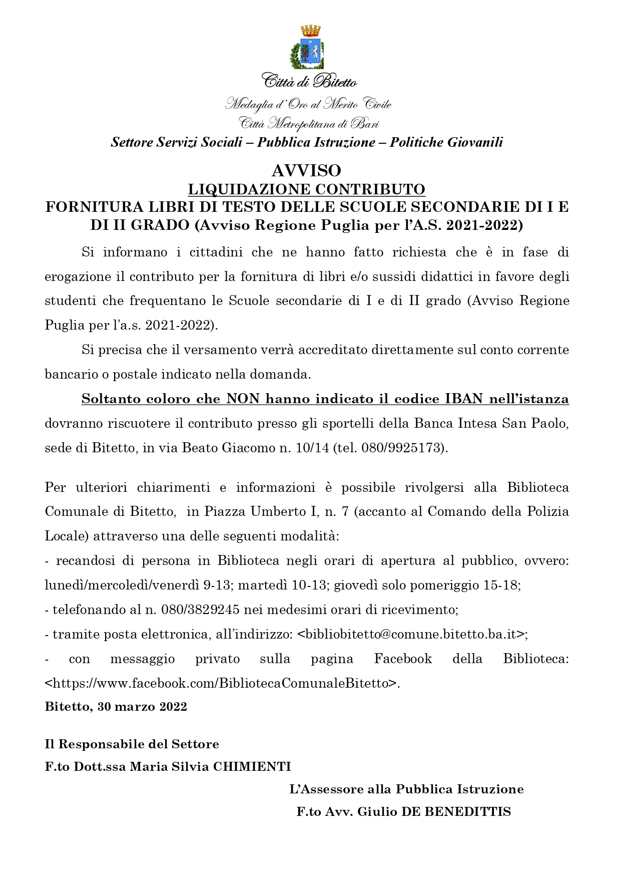 AVVISO LIQUIDAZIONE CONTRIBUTO FORNITURA LIBRI DI TESTO DELLE SCUOLE SECONDARIE DI I E DI II GRADO (Avviso Regione Puglia per l’A.S. 2021-2022)
